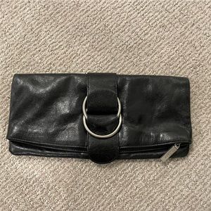 HOBO Front Buckle Bifold Black Leather Clutch